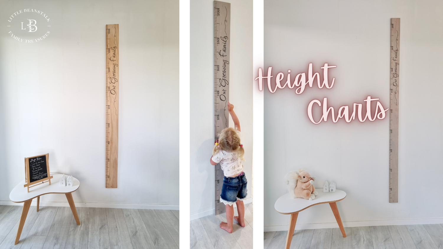 Wooden Height Chart made from New Zealand Pine. Height charts are pre printed with Our Growing Family. Wonderful Gift made in New Zealand by Little Beanstalk NZ. Height chart, Height ruler.